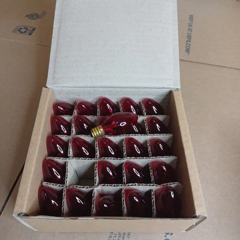 C7 5W RED Box of 25 Replacement Bulbs Transparent 130v NOS Light Show Outdoor